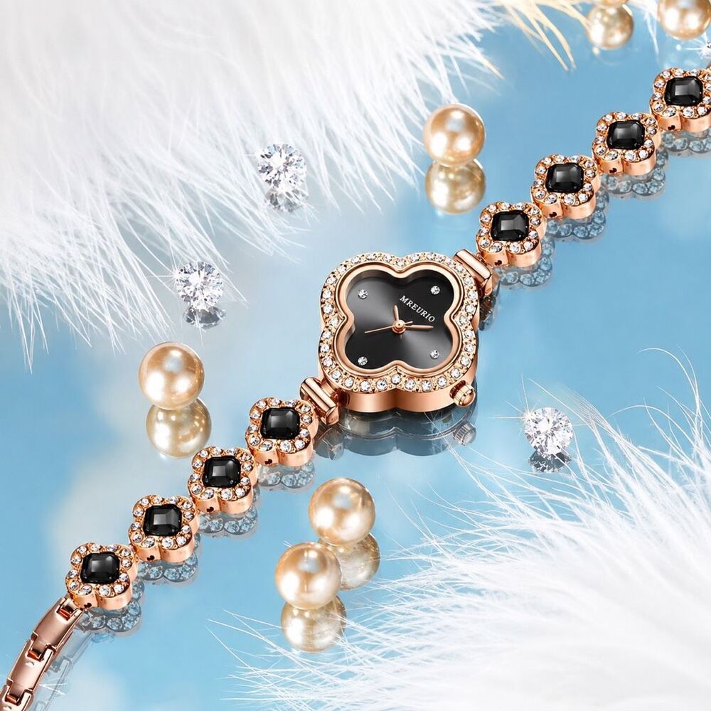 Italian Luxury Boutique Black Crystal Clover Bracelet Watch Rose Gold Quartz